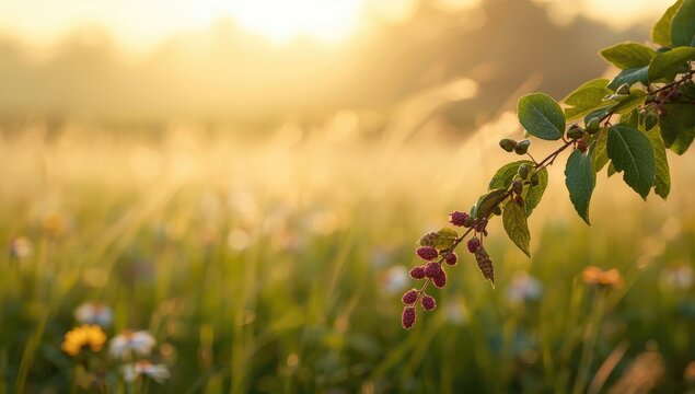 Sunlit Branch with Berries in a Meadow During Golden Hour