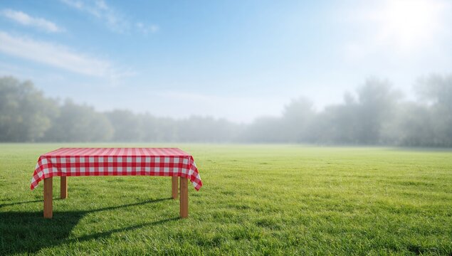 Picnic Table with Red and White Checkered Tablecloth in a Sunny Green Meadow
