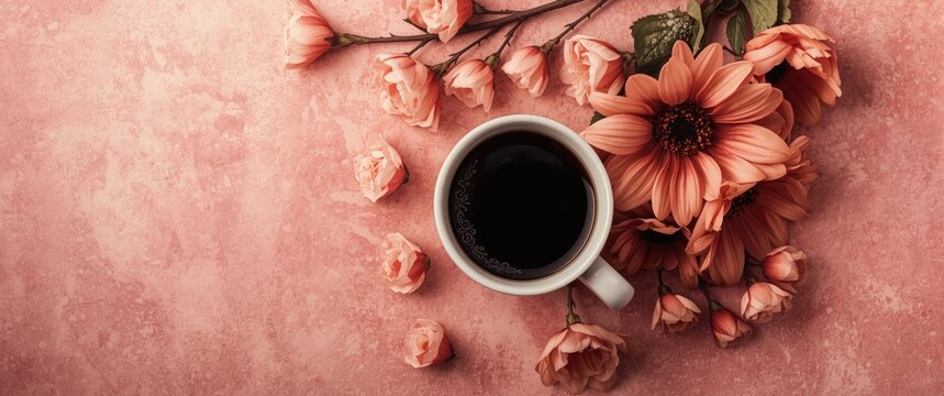 Coffee Cup Surrounded by Pink Flowers on a Soft Background