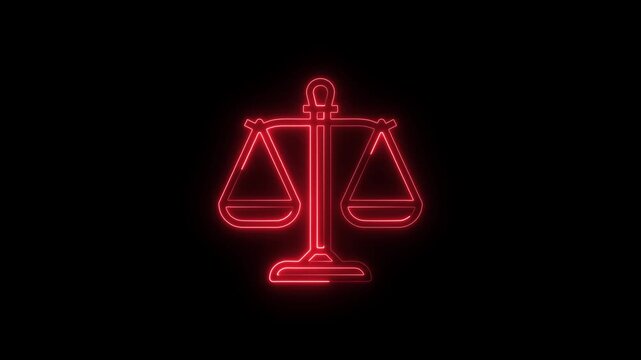 Glowing neon red scales of justice isolated on a black background representing law legal system court and equality in judicial proceedings