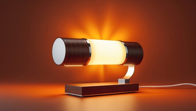Modern Table Lamp Emitting Warm Light on an Orange Background