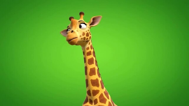 Curious 3D Animated Giraffe Character with Funny Expression Isolated on a Bright Green Background