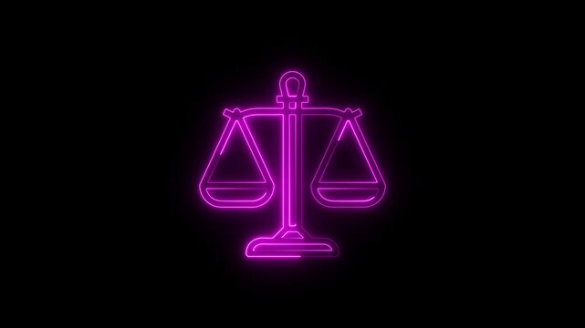 Glowing neon purple scales of justice isolated on a black background representing law legal system court and equality in judicial proceedings
