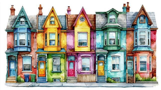 A row of charming, colorful houses with varying architectural details.