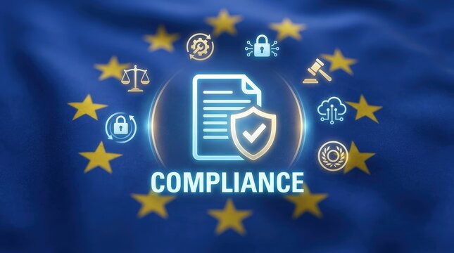 European Union compliance concept with digital icons and flag background.