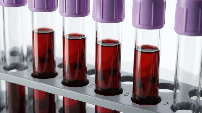 Rows of medical blood collection tubes with purple caps placed in a laboratory testing rack for scientific diagnostic hematology analysis