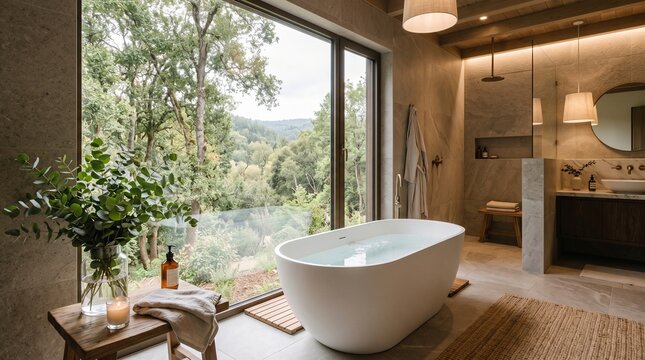 luxury bathroom modern bathroom design freestanding bathtub soaking tub large glass window forest view bathroom nature view bathroom scenic bathroom natural light bathroom