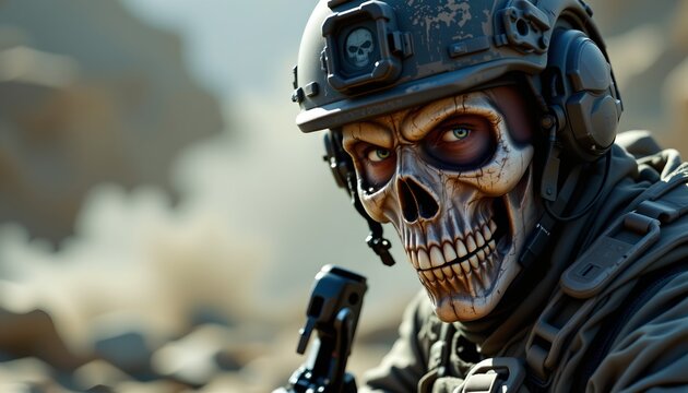 The image depicts a soldier with a menacing skeletal face painted on or wearing a mask that resembles a skull, giving an intimidating appearance