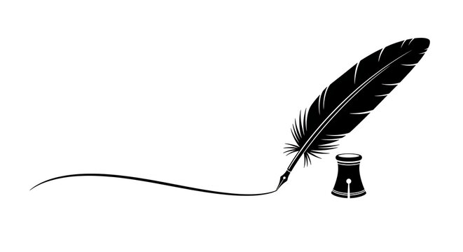 Quill pen writing a swirling line with an inkwell, elegant calligraphy concept.
