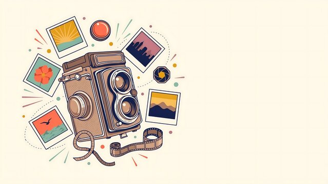 Aesthetic background for world photography day featuring a vintage camera illustration with ample copy space for text