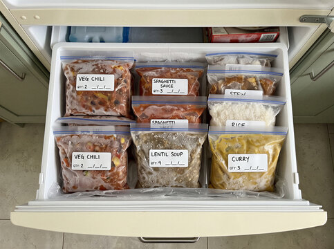 Top view of organized frozen meals in ziplock bags inside a freezer drawer. Meal prep and leftover food storage concept