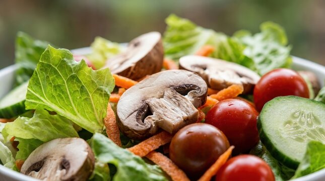 Fresh Garden Salad with Mushrooms Tomatoes and Cucumbers.