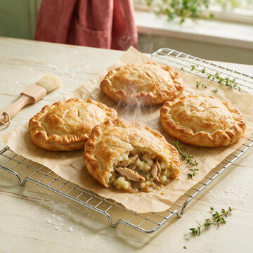 Steaming homemade turkey pot pies on a cooling rack. Baked savory pastry with meat and potato filling. Thanksgiving leftover recipe