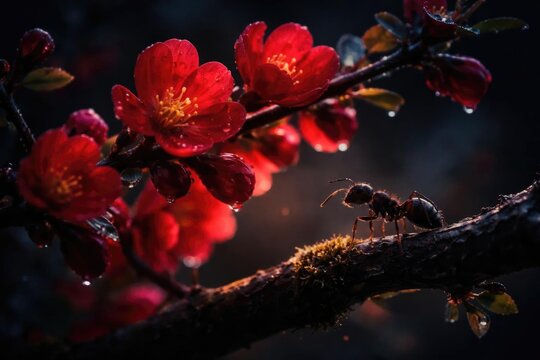 Ant Crawling on a Branch Surrounded by Blooming Red Flowers with Water Droplets