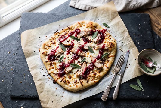 Top view of baked turkey and cranberry flatbread pizza on a dark slate board. Creative Thanksgiving leftover recipe flat lay with fresh sage