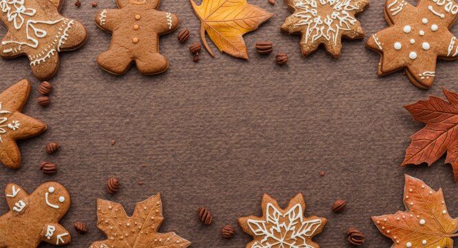 Gingerbread Cookies and Autumn Leaves on a Brown Background