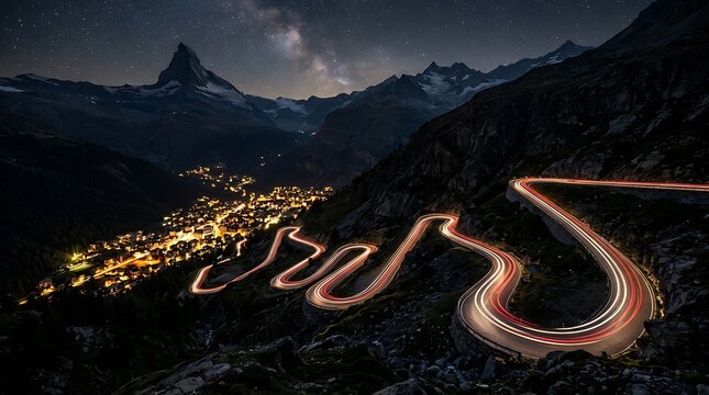 Winding mountain road with light trails under a starry night sky