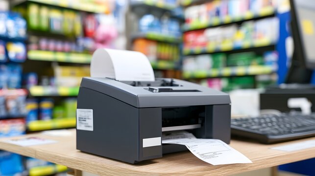 A thermal receipt printer on a wooden counter inside a retail store with shelves of products blurred in background