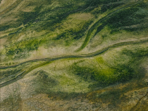 Aerial view of Aestian Island landscape with textured green marshlands, cracked mud patterns, and winding drainage channels in Krynica Morska, Pomeranian Voivodeship, Poland.