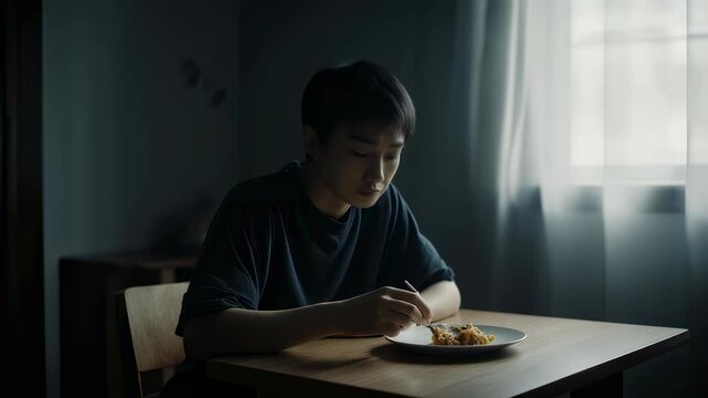 Lonely Asian man sitting at a dining table in a dark room. Concept of depression and loss of appetite