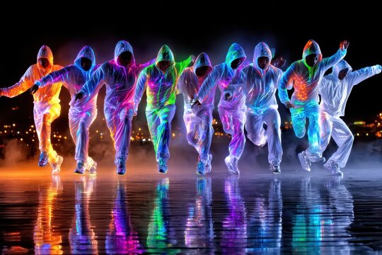 Dynamic dancers perform synchronized jump on a reflective surface at night by the city