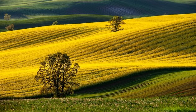 rolling hills of yellow rapeseed fields in spring nature yellow spring