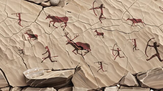 Seamless loop of ancient cave paintings depicting prehistoric hunters and wild animals. Archaic petroglyphs on cracked rock surface, representing early human history, anthropology, and primitive art.