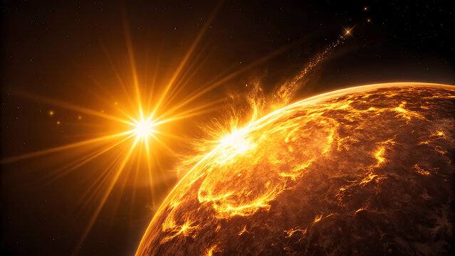 A bright golden sun rising over the horizon of a glowing planet in deep space showing a dramatic cinematic view of the galaxy and stars