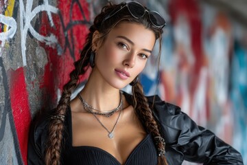 Naklejka premium Stylish Woman with Braids Posing by Graffiti Wall