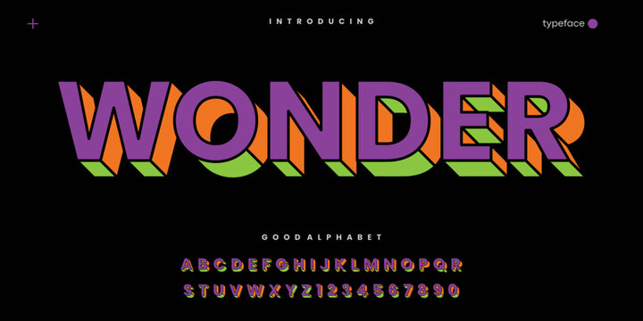 Wonder futuristic minimalist display font design, alphabet, typeface, letters and numbers, typography.