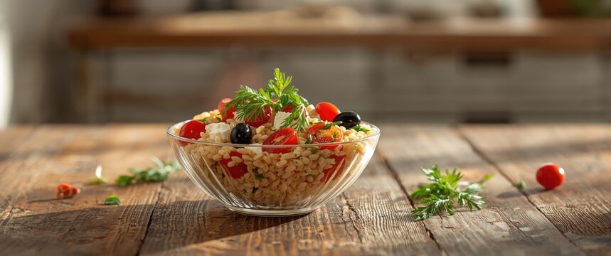 Bowl of Fresh Vegetable Salad with Bulgur Wheat on Rustic Table