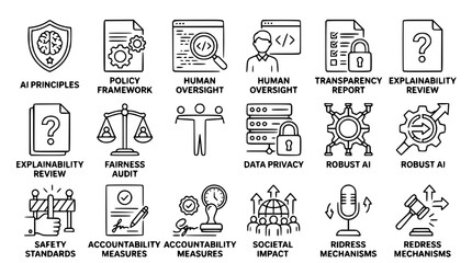 Fototapeta premium Artificial intelligence compliance and governance ethics set as clean vector icons