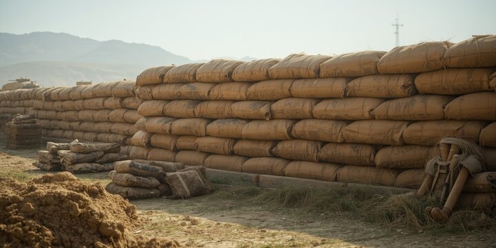 Sandbags Stacked on a Military Outpost in a Desert Landscape