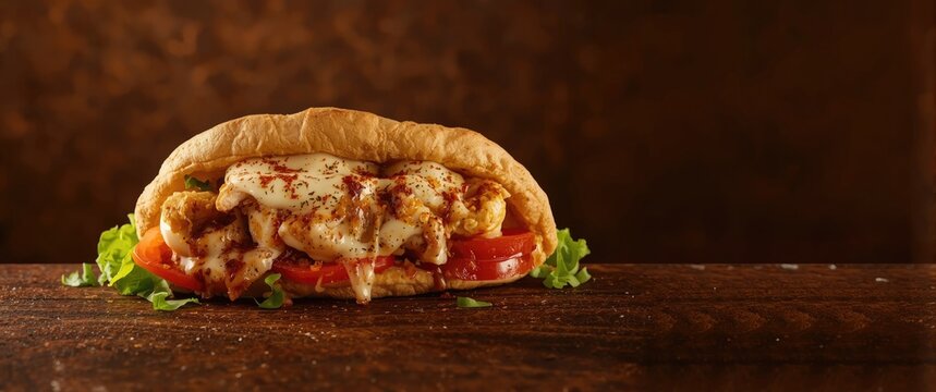 Cheesy Chicken Sandwich with Fresh Vegetables on a Wooden Table