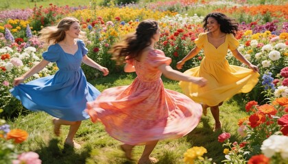 Fototapeta premium Twirling three women in flowing blue yellow pink dresses and sandals in sunlit flower beds