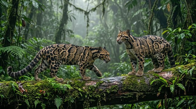 Pair of Clouded Leopards Walking on Mossy Log in Dense Tropical Rainforest Canopy