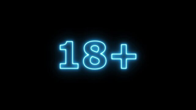 Glowing blue neon eighteen plus age restriction symbol isolated on a solid black background for warning and parental control digital signs