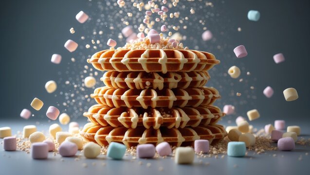 A delicious stack of golden crispy waffles topped with colorful sweet marshmallows for a perfect indulgent breakfast or dessert treat for any sweet tooth enthusiast