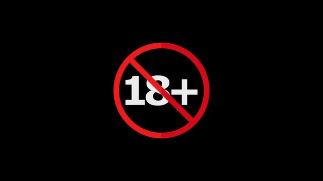 Standard red prohibition circle with white eighteen plus text inside isolated on a black background for age restriction and warning labels