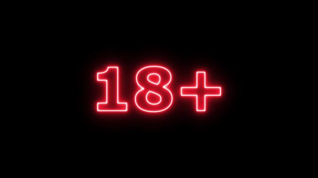 Glowing red neon eighteen plus age restriction symbol isolated on a solid black background for warning and parental control digital signs