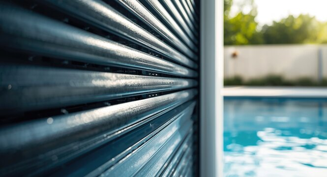 Closeup of a Black Pool Cover with a Blue Swimming Pool in Background on a Sunny Day