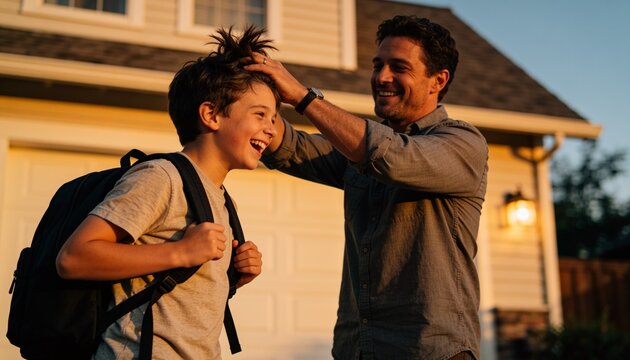 Smiling father with rolled sleeves ruffling laughing son in tee on driveway, backpack, wristwatch