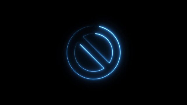 Glowing blue neon prohibition sign with a circular border and a diagonal line across the center isolated on a solid black background