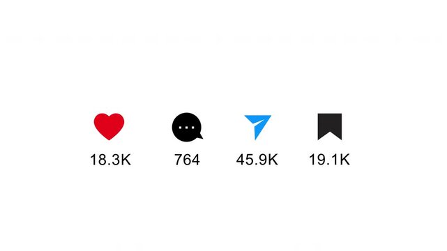 Social media like love comment share and bookmark with below counter, insight, engagement notification counter, growth social media on transparent background, 4k video
