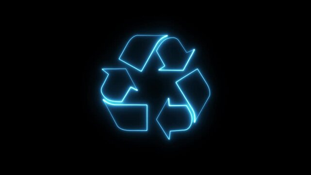 Glowing blue neon recycling symbol with three chasing arrows forming a triangle isolated on a solid black background