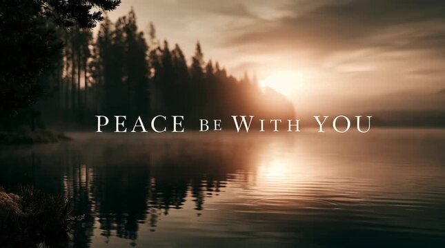 A gentle sunrise over a calm lake with soft morning mist and elegant serif typography reading &ldquo;PEACE BE WITH YOU.&rdquo; A peaceful Christian-inspired nature background symbolizing serenity, hope and spirit
