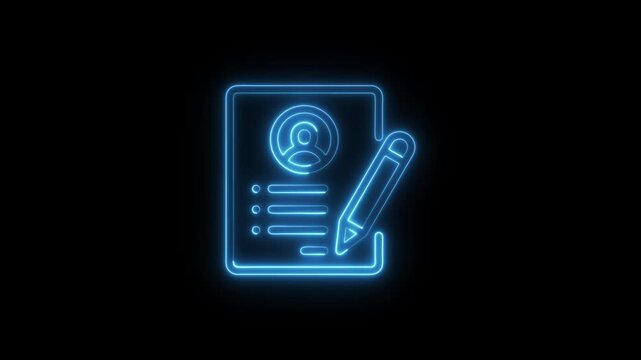 Glowing blue neon outline of a document with a user profile and a pencil symbol representing editing personal information or a resume file