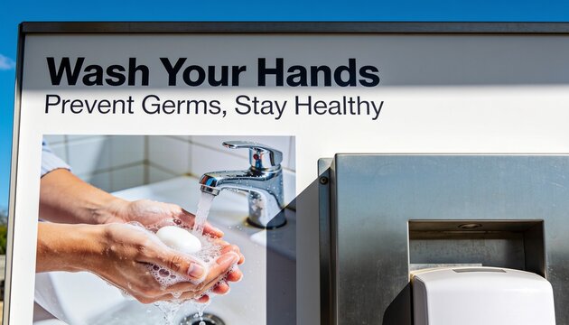 Displaying wash hands sign with soap dispenser at outdoor kiosk, inset showing soapy hands
