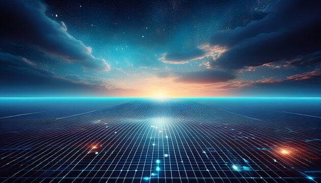 expansive digital grid stretching to horizon under vast sky