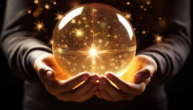 hands cradle a glowing orb filled with shimmering golden stars and light